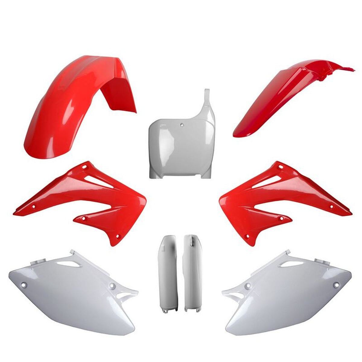 POLISPORT KOMPLET PLASTIKÓW (FULL KIT) HONDA CRF 450R '02-'03 W ZESTAWIE TABLICA PRZEDNIA (8657000001) I OSŁONY AMORTYZARORÓW (8394000001) KOLOR CZERWONO BIAŁY OEM