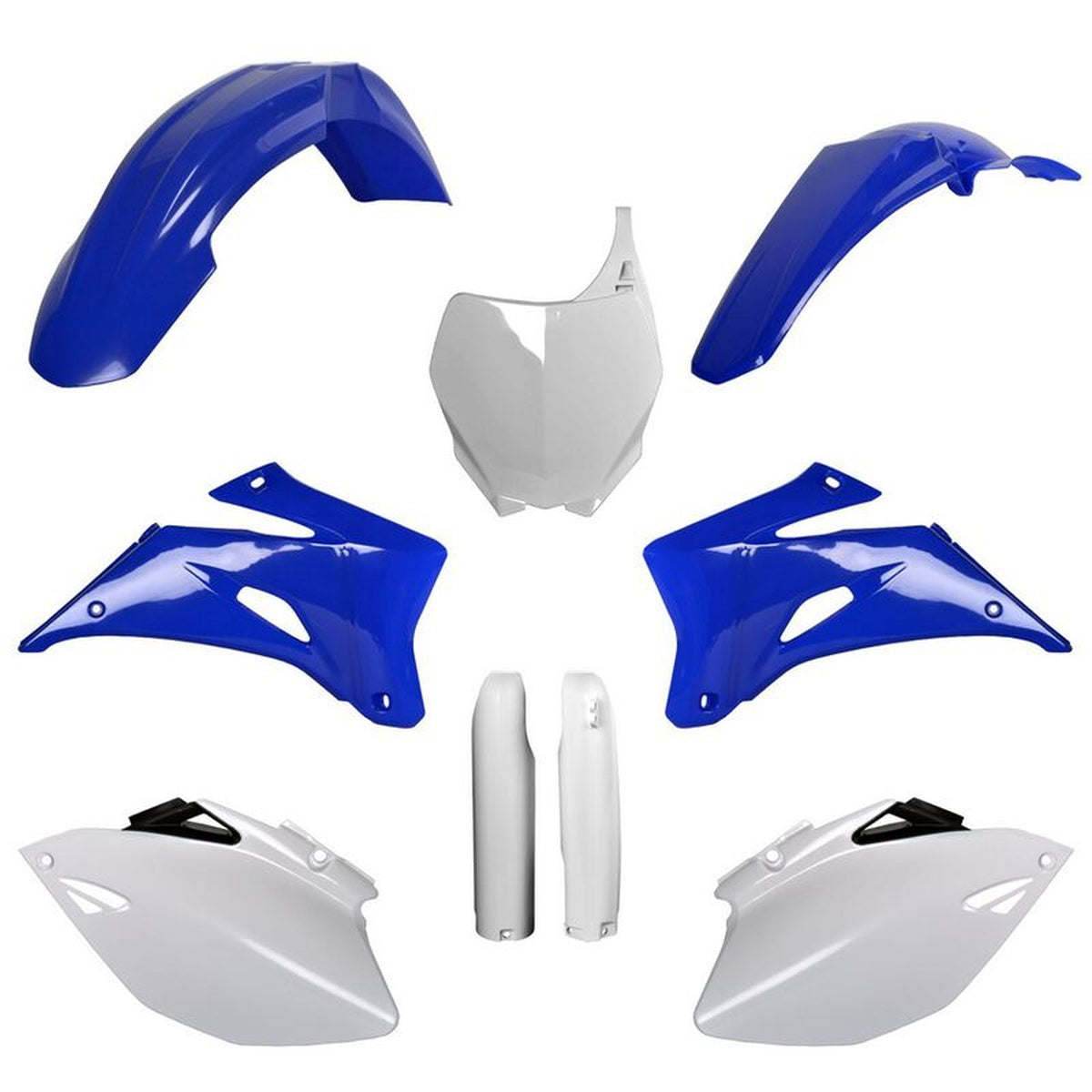 POLISPORT KOMPLET PLASTIKÓW (FULL KIT) YAMAHA YZF 250 '06-'07; YZF 450 '06-'07 W ZESTAWIE TABLICA PRZEDNIA (8658100001) I OSŁONY AMORTYZARORÓW (8398100001) KOLOR NIEBIESKI BIAŁY OEM