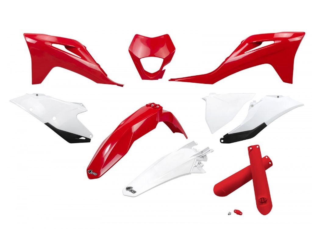 UFO KOMPLET PLASTIKÓW (FULL KIT) Z OSŁONAMI TELESKOPÓW (AMORTYZATORÓW) GAS GAS EC / EC-F 250 / 300 / 350 '21-'23 KOLOR OEM CZERWONY BIAŁY