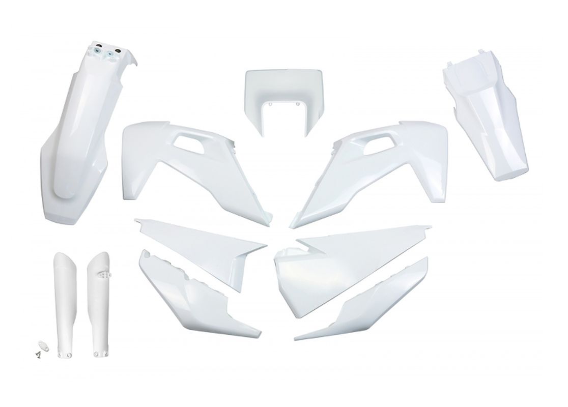 UFO KOMPLET PLASTIKÓW (FULL KIT) Z OSŁONAMI TELESKOPÓW (AMORTYZATORÓW) HUSQVARNA TX / TE 125 / 150 / 250 / 300 '20-'22, FE 250 / 350 / 450 / 501 '20-'23 KOLOR BIAŁY