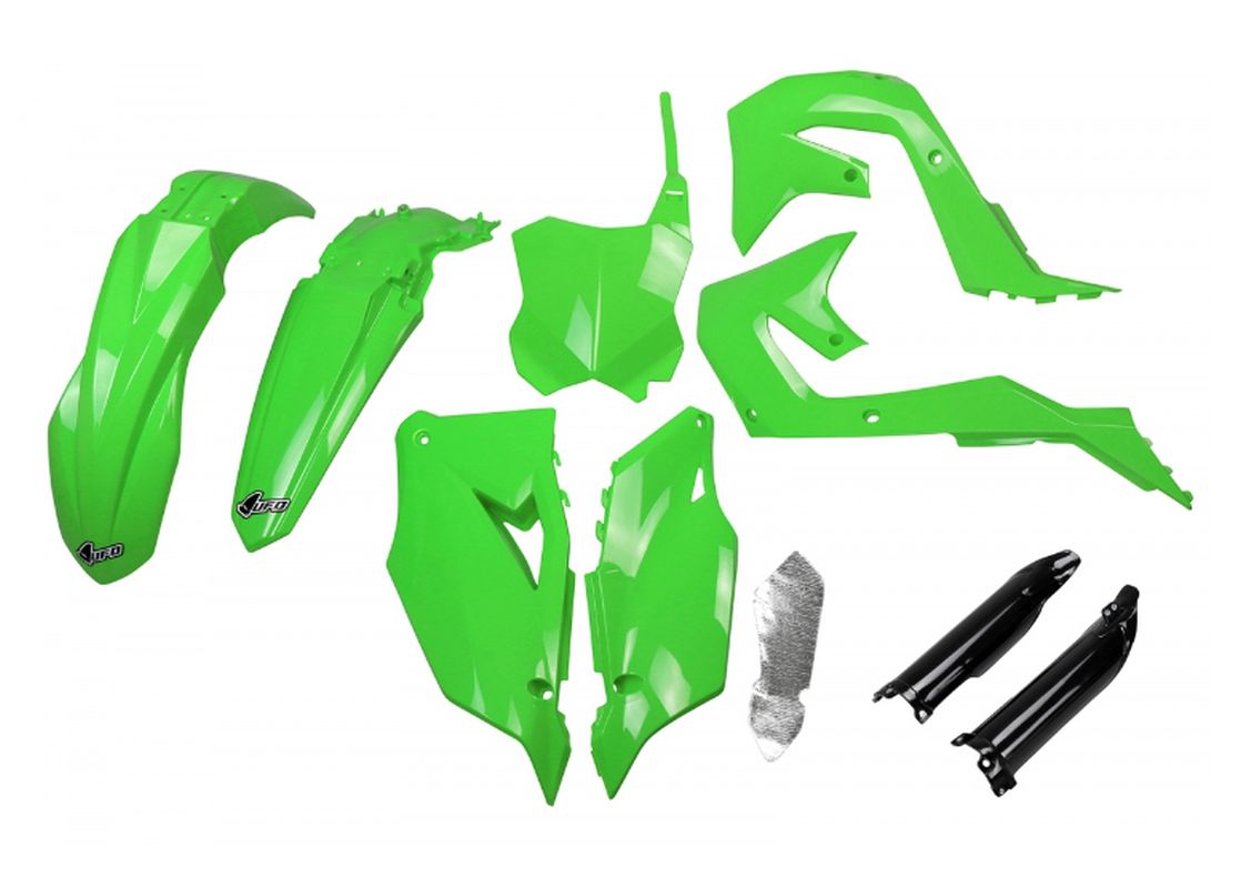 UFO KOMPLET PLASTIKÓW (FULL KIT) Z OSŁONAMI TELESKOPÓW (AMORTYZATORÓW) KAWASAKI KXF 250 '21-24, KXF 450 '19-23 KOLOR OEM ZIELONY CZARNY