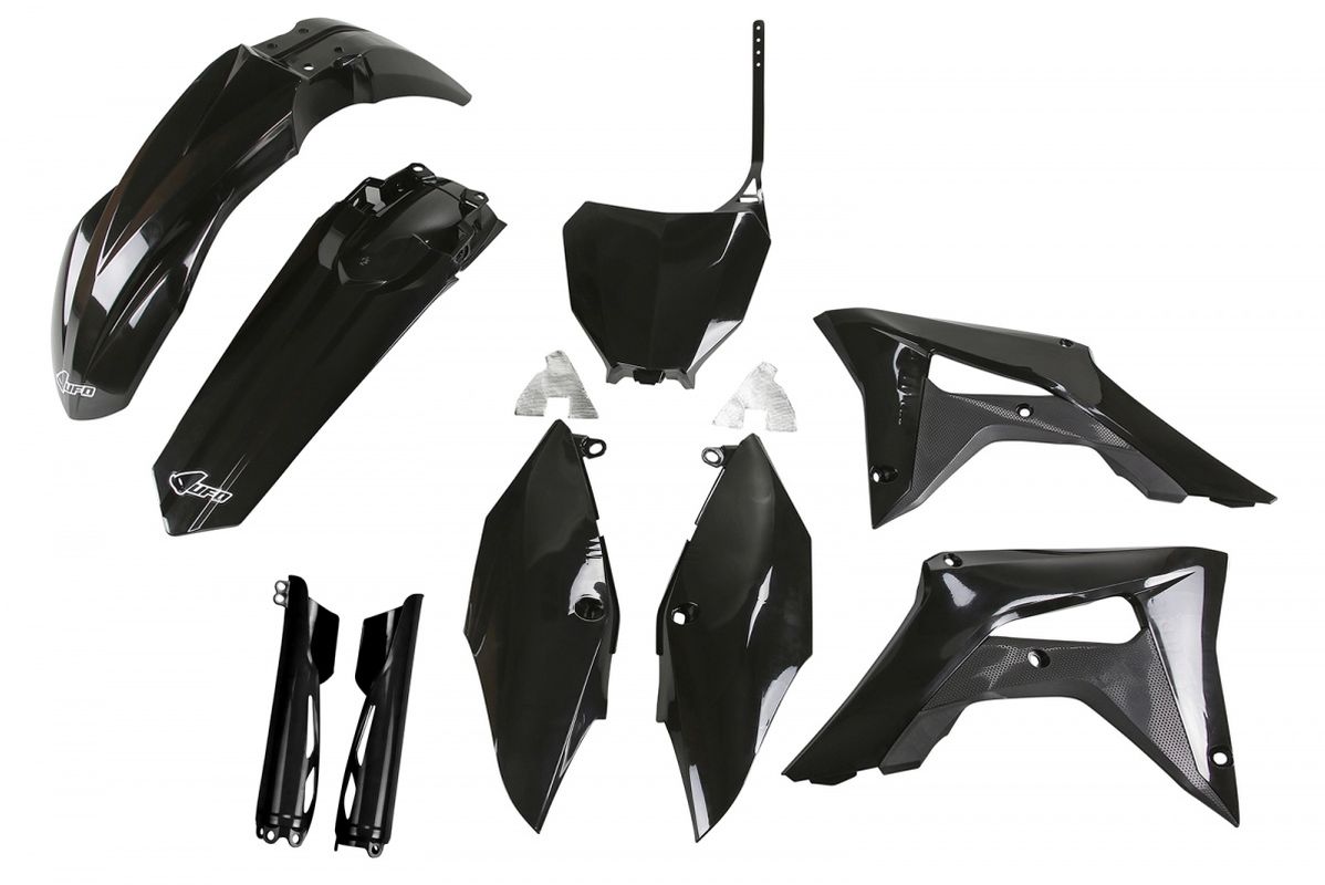 UFO KOMPLET PLASTIKÓW (FULL KIT) Z OSŁONAMI TELESKOPÓW (AMORTYZATORÓW) HONDA CRF 250R '18-'21, CRF 450R '17-'20 KOLOR CZARNY(HO119E001)