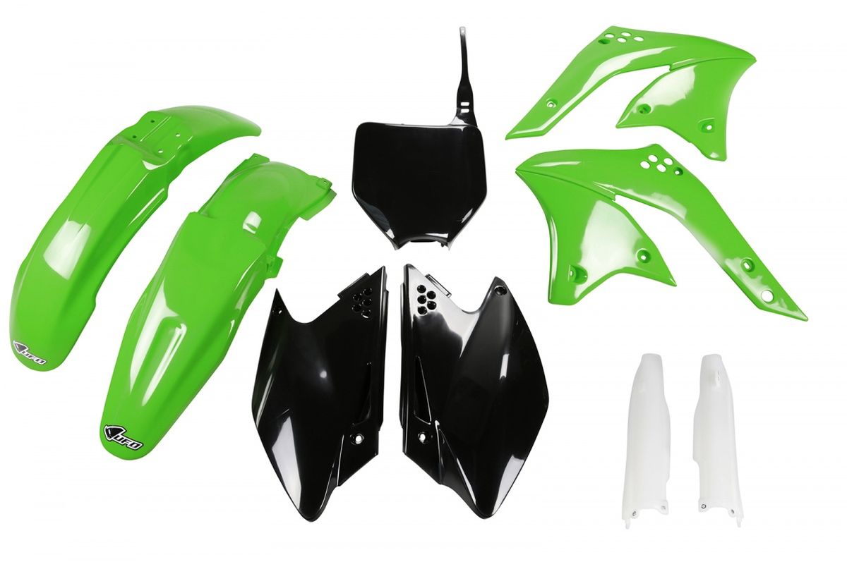 UFO KOMPLET PLASTIKÓW (FULL KIT) Z OSŁONAMI TELESKOPÓW (AMORTYZATORÓW) KAWASAKI KXF 250 '08 KOLOR OEM (ZIELONY/CZARNY) (KA210E999)