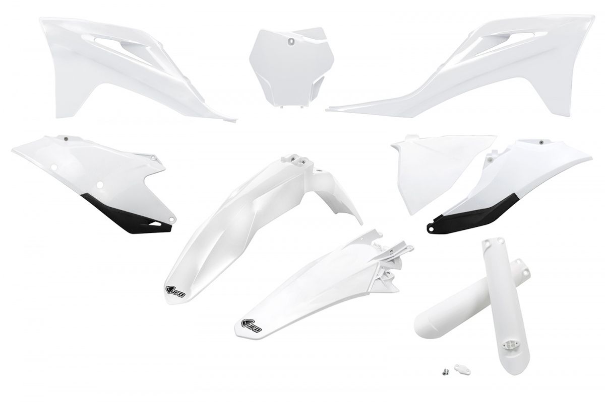UFO KOMPLET PLASTIKÓW (FULL KIT) Z OSŁONAMI TELESKOPÓW (AMORTYZATORÓW) GAS GAS MC 125 / 250 '21-'23, EX 250 / 300 '21-'23, MC-F / EX-F 250 / 350 / 450 '21-'23 KOLOR BIAŁY