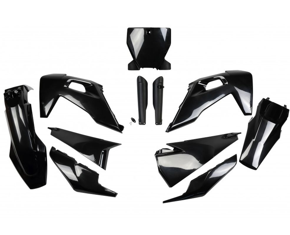UFO KOMPLET PLASTIKÓW (FULL KIT) Z OSŁONAMI TELESKOPÓW (AMORTYZATORÓW) HUSQVARNA TC 125/250 '19-'22, FC 250/350/450 '19-'22 KOLOR CZARNY (HU622E001)