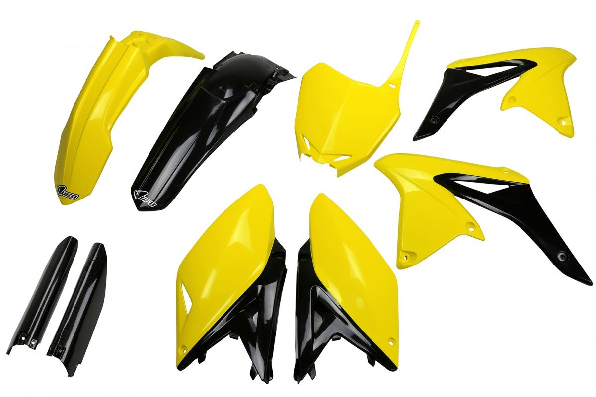 UFO KOMPLET PLASTIKÓW (FULL KIT) Z OSŁONAMI TELESKOPÓW (AMORTYZATORÓW) SUZUKI RMZ 250 '10-'18 KOLOR OEM '14-'16 (ŻÓŁTY/CZARNY) (SU416E999)