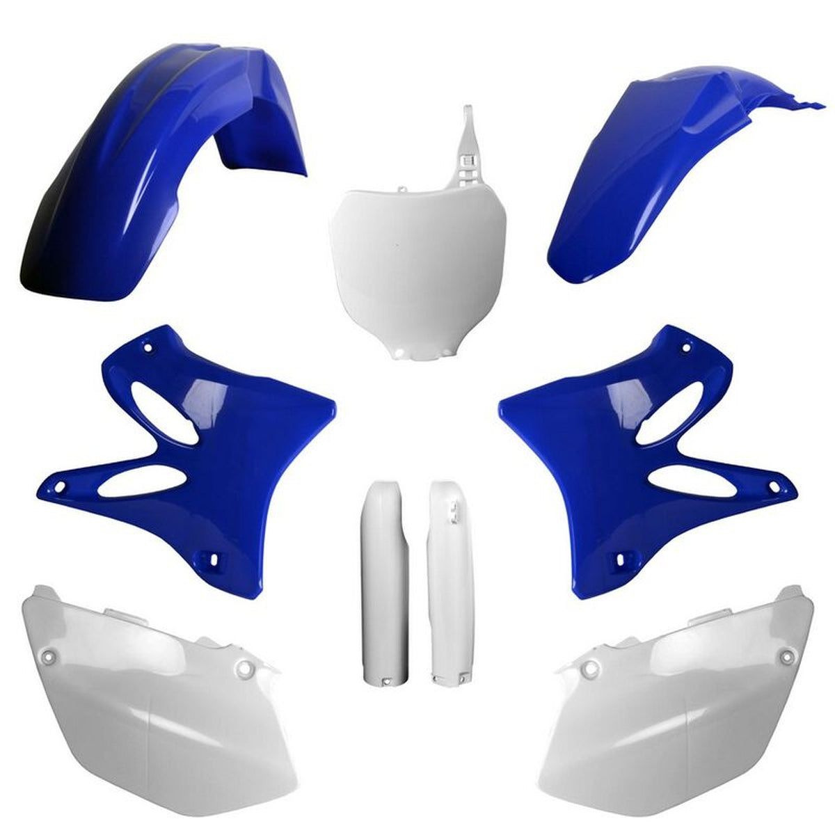 POLISPORT KOMPLET PLASTIKÓW (FULL KIT) YAMAHA YZ 125/250 '05 W ZESTAWIE TABLICA PRZEDNIA (8658000001) I OSŁONY AMORTYZARORÓW (8398100001) KOLOR NIEBIESKI BIAŁY OEM