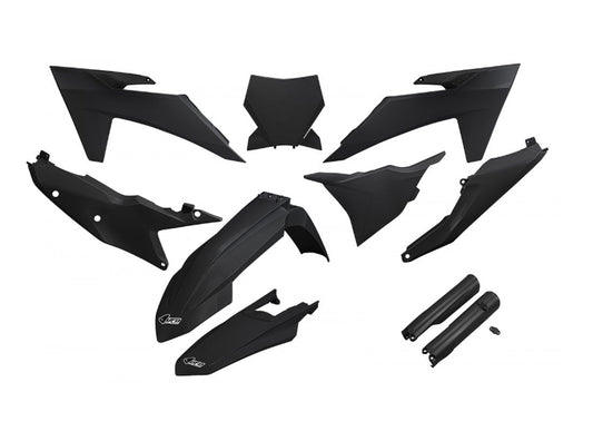 UFO KOMPLET PLASTIKÓW (FULL KIT) Z OSŁONAMI TELESKOPÓW (AMORTYZATORÓW) KTM SX 125 / 250 / 300 TBI '23-'24, SX-F 250 / 350 / 450 '23-'24 KOLOR CZARNY